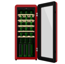 Bolero GrandSommelier Origin 24 Hit Red Cave à vin rétro en rouge, capacité pour 24 bouteilles, contrôle électronique de la température par écran LED, plage de réglage de 5 ºC à 20 ºC, technologie NoFrost, clayettes en bois, éclairage intérieur, ventilation interne assistée, 92,8 cm de hauteur, 36,6 cm de largeur, 47,6 cm de profondeur.