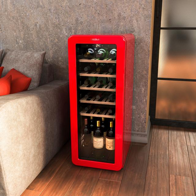 Bolero GrandSommelier Origin 24 Hit Red Vinoteca de diseño retro color rojo, Capacidad para 24 botellas, Control electrónico de temperatura mediante display LED, Rango ajustable de 5 a 20ºC, Tecnología NoFrost, Estantes madera, Luz interior, Ventilación interna asistida por ventilador, Dimensiones de Alto 92,8cm, Ancho 36,6cm, Fondo 47,6cm