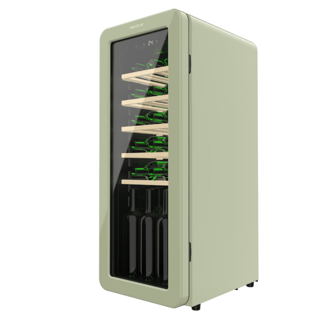 Bolero GrandSommelier Origin 24 Hit Green Vinoteca de diseño retro color verde, Capacidad para 24 botellas, Control electrónico de temperatura mediante display LED, Rango ajustable de 5 a 20ºC, Tecnología NoFrost, Estantes madera, Luz interior, Ventilación interna asistida por ventilador, Dimensiones de Alto 92,8cm, Ancho 36,6cm, Fondo 47,6cm