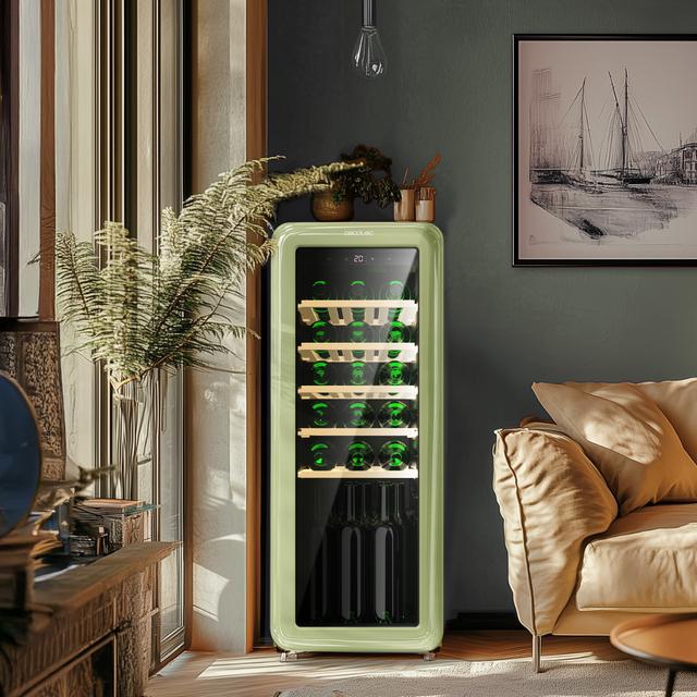 Bolero GrandSommelier Origin 24 Hit Green Vinoteca de diseño retro color verde, Capacidad para 24 botellas, Control electrónico de temperatura mediante display LED, Rango ajustable de 5 a 20ºC, Tecnología NoFrost, Estantes madera, Luz interior, Ventilación interna asistida por ventilador, Dimensiones de Alto 92,8cm, Ancho 36,6cm, Fondo 47,6cm