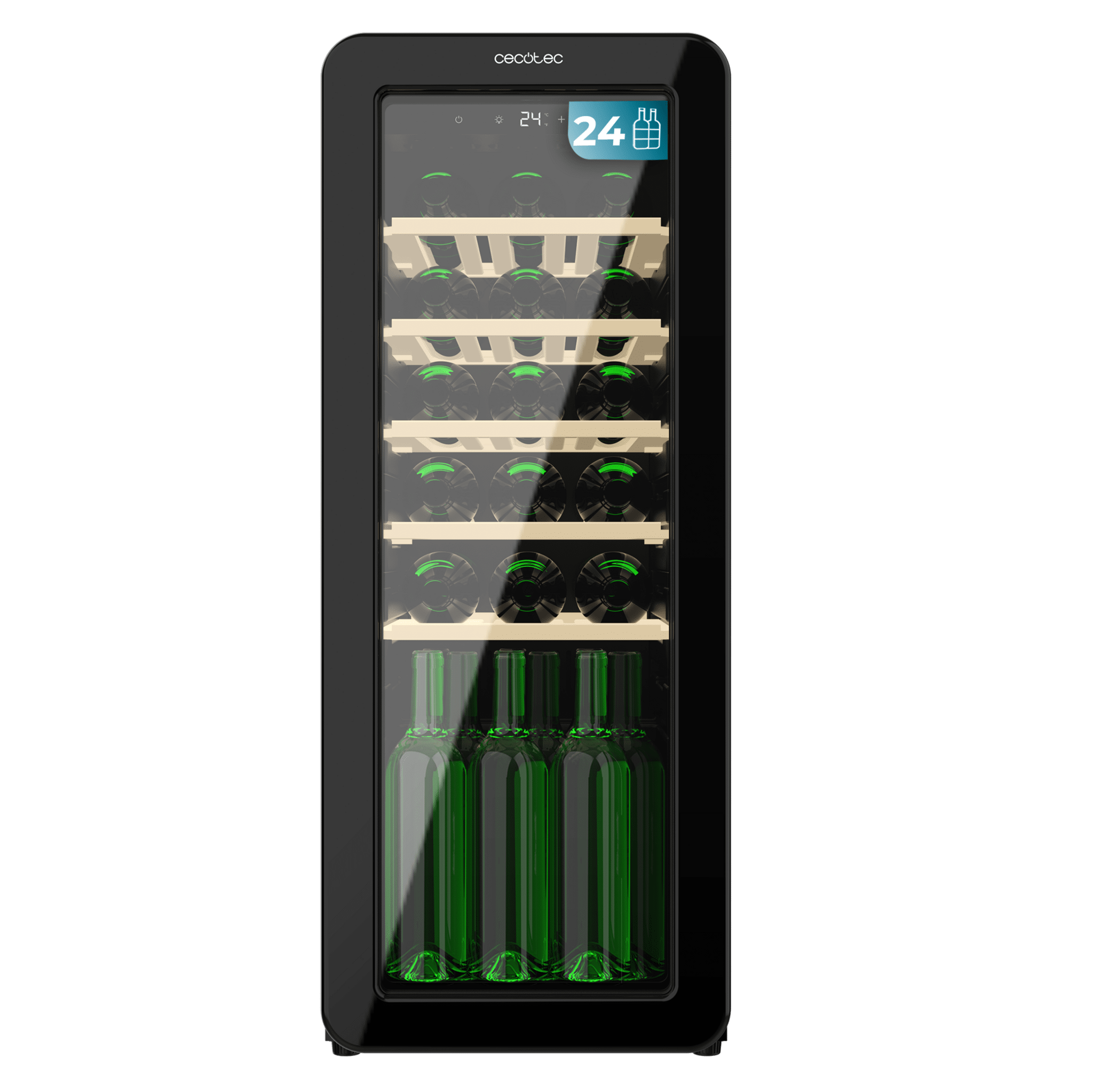 Bolero GrandSommelier Origin 24 Hit Black Schwarzer Weinkühlschrank im Retro-Design, Fassungsvermögen für 24 Flaschen, elektronische Temperaturregelung über LED-Display, einstellbarer Bereich von 5 bis 20 °C, NoFrost-Technologie, Holzregale, Innenbeleuchtung, ventilatorunterstützte Innenbelüftung, Abmessungen Höhe 92,8 cm , Breite 36,6 cm, Tiefe 47,6 cm