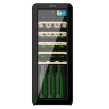 Bolero GrandSommelier Origin 24 Hit Black Cave à vin rétro en noir, capacité pour 24 bouteilles, contrôle électronique de la température par écran LED, plage de réglage de 5 ºC à 20 ºC, technologie NoFrost, clayettes en bois, éclairage intérieur, ventilation interne assistée, 92,8 cm de hauteur, 36,6 cm de largeur, 47,6 cm de profondeur.