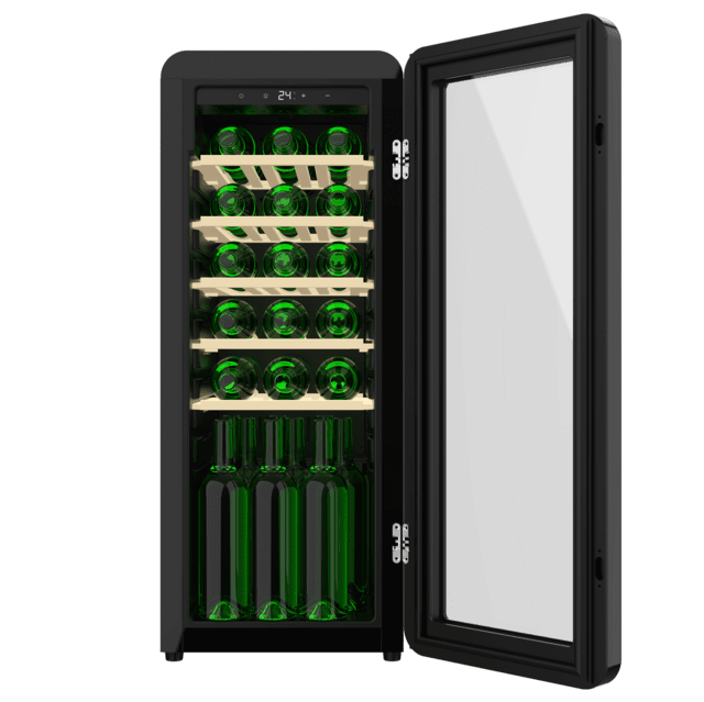 Bolero GrandSommelier Origin 24 Hit Black Vinoteca de diseño retro color negro, Capacidad para 24 botellas, Control electrónico de temperatura mediante display LED, Rango ajustable de 5 a 20ºC, Tecnología NoFrost, Estantes madera, Luz interior, Ventilación interna asistida por ventilador, Dimensiones de Alto 92,8cm, Ancho 36,6cm, Fondo 47,6cm