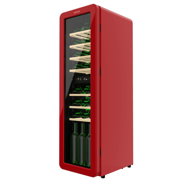 Bolero GrandSommelier Origin Duo 30 Hit Red Vinoteca de diseño retro color rojo con dos zonas de temperatura, Capacidad para 30 botellas, Control electrónico de temperatura mediante display LED, Temperatura Zona 1 de 5ºC a 12ºC, Temperatura Zona 2 de 12ºC a 20ºC, Tecnología NoFrost, Estantes Madera, Luz interior, Ventilación interna asistida por ventilador, Dimensiones de Alto 120,5cm, Ancho 36,6cm, Fondo 47,6cm