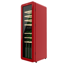 Bolero GrandSommelier Origin Duo 30 Hit Red Cave à vin rétro en rouge avec deux zones de température, capacité pour 30 bouteilles, contrôle électronique de la température par écran LED, zone de température 1 de 5 ºC à 12 ºC, zone de température 2 de 12 ºC à 20 ºC, technologie NoFrost, clayettes en bois, éclairage intérieur, ventilation interne assistée, 120,5 cm de hauteur, 36,6 cm de largeur, 47,6 cm de profondeur.