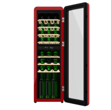 Bolero GrandSommelier Origin Duo 30 Hit Red Cave à vin rétro en rouge avec deux zones de température, capacité pour 30 bouteilles, contrôle électronique de la température par écran LED, zone de température 1 de 5 ºC à 12 ºC, zone de température 2 de 12 ºC à 20 ºC, technologie NoFrost, clayettes en bois, éclairage intérieur, ventilation interne assistée, 120,5 cm de hauteur, 36,6 cm de largeur, 47,6 cm de profondeur.