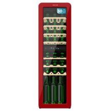 Bolero GrandSommelier Origin Duo 30 Hit Red Cave à vin rétro en rouge avec deux zones de température, capacité pour 30 bouteilles, contrôle électronique de la température par écran LED, zone de température 1 de 5 ºC à 12 ºC, zone de température 2 de 12 ºC à 20 ºC, technologie NoFrost, clayettes en bois, éclairage intérieur, ventilation interne assistée, 120,5 cm de hauteur, 36,6 cm de largeur, 47,6 cm de profondeur.