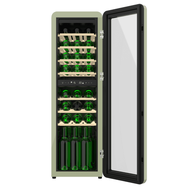 Bolero GrandSommelier Origin Duo 30 Hit Green Vinoteca de diseño retro color verde con dos zonas de temperatura, Capacidad para 30 botellas, Control electrónico de temperatura mediante display LED, Temperatura Zona 1 de 5ºC a 12ºC, Temperatura Zona 2 de 12ºC a 20ºC, Tecnología NoFrost, Estantes Madera, Luz interior, Ventilación interna asistida por ventilador, Dimensiones de Alto 120,5cm, Ancho 36,6cm, Fondo 47,6cm