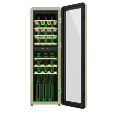 Bolero GrandSommelier Origin Duo 30 Hit Green Cantina per vini dal design retrò verde con due zone di temperatura, Capacità per 30 bottiglie, Controllo elettronico della temperatura tramite display LED, Temperatura della zona 1 da 5ºC a 12ºC, Temperatura della zona 2 da 12ºC a 20ºC, Tecnologia NoFrost, Ripiani in legno, Luce interna, Ventilazione interna assistita da ventola, Dimensioni Altezza 120,5 cm, Larghezza 36,6 cm, Profondità 47,6 cm