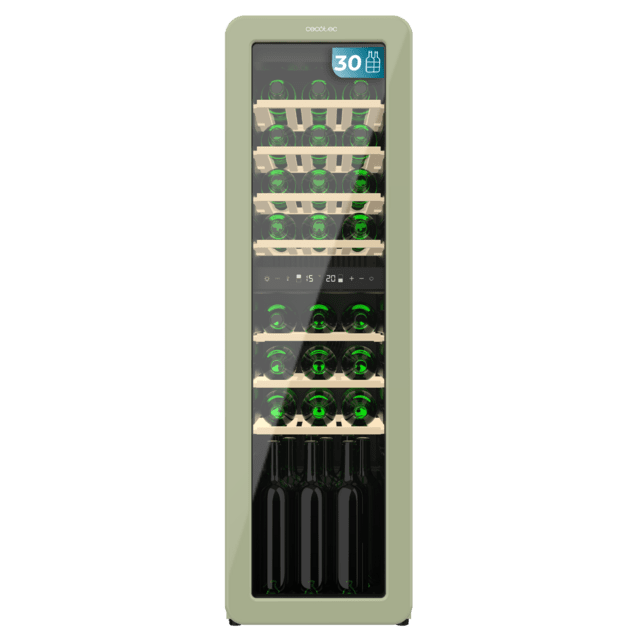 Bolero GrandSommelier Origin Duo 30 Hit Green Vinoteca de diseño retro color verde con dos zonas de temperatura, Capacidad para 30 botellas, Control electrónico de temperatura mediante display LED, Temperatura Zona 1 de 5ºC a 12ºC, Temperatura Zona 2 de 12ºC a 20ºC, Tecnología NoFrost, Estantes Madera, Luz interior, Ventilación interna asistida por ventilador, Dimensiones de Alto 120,5cm, Ancho 36,6cm, Fondo 47,6cm