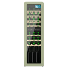 Bolero GrandSommelier Origin Duo 30 Hit Green Cave à vin rétro en vert avec deux zones de température, capacité pour 30 bouteilles, contrôle électronique de la température par écran LED, zone de température 1 de 5 ºC à 12 ºC, zone de température 2 de 12 ºC à 20 ºC, technologie NoFrost, clayettes en bois, éclairage intérieur, ventilation interne assistée, 120,5 cm de hauteur, 36,6 cm de largeur, 47,6 cm de profondeur.