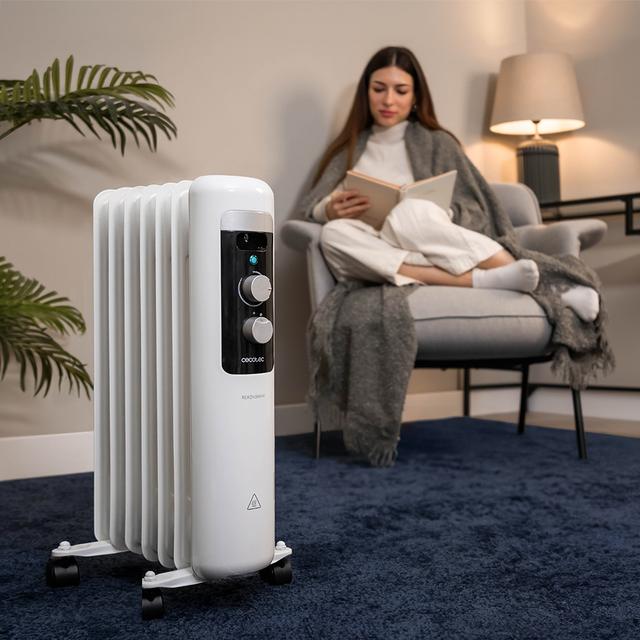 ReadyWarm 750 Space White Radiador Eléctrico de Aceite con 7 Módulos, Bajo Consumo, 1500 W, 3 Niveles de potencia, Sistema de Seguridad, Ruedas 15 m2