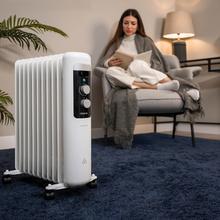 ReadyWarm 11050 Space White. Radiador Eléctrico de Aceite con 11 Módulos, Bajo Consumo, 2500 W, 3 Niveles de potencia, Sistema de Seguridad, Ruedas 25 m2