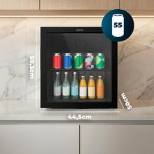 Bolero CoolMarket BC 52 Black Nevera Mini Bar con puerta de cristal, chasis color negro, Capacidad 52 Litros (53 Latas de 33cl), Compresor incorporado, Luz LED interior, Temperatura 0ºC a 10ºC, Ancho 44.5 x Alto 50.3 x Fondo 50 cm