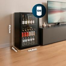 Bolero CoolMarket BC 88 Black Nevera Mini Bar con puerta de cristal, chasis color negro, Capacidad 88 Litros (115 Latas de 33cl), Compresor incorporado, Luz LED interior, Temperatura 0ºC a 10ºC, Ancho 44.5 x Alto 83.3 x Fondo 50 cm