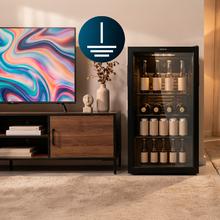 Bolero CoolMarket BC 88 Black Nevera Mini Bar con puerta de cristal, chasis color negro, Capacidad 88 Litros (115 Latas de 33cl), Compresor incorporado, Luz LED interior, Temperatura 0ºC a 10ºC, Ancho 44.5 x Alto 83.3 x Fondo 50 cm
