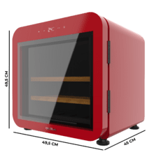 Bolero GrandSommelier Origin 13 Red Vinoteca de color rojo y diseño retro, capacidad para 13 botellas, baldas de madera, temperatura ajustable de 6ºC a 18ºC, puerta cristal templado, iluminación interior LED, Compresor integrado, display LED de control, dimensiones de Alto 49.5 x Ancho 49.5 x Fondo 45 cm