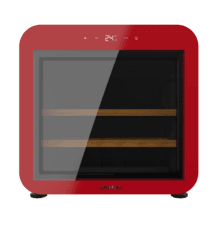 Bolero GrandSommelier Origin 13 Red Vinoteca de color rojo y diseño retro, capacidad para 13 botellas, baldas de madera, temperatura ajustable de 6ºC a 18ºC, puerta cristal templado, iluminación interior LED, Compresor integrado, display LED de control, dimensiones de Alto 49.5 x Ancho 49.5 x Fondo 45 cm