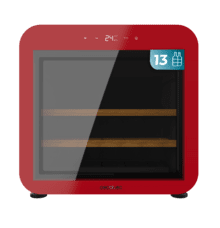 Bolero GrandSommelier Origin 13 Red Vinoteca de color rojo y diseño retro, capacidad para 13 botellas, baldas de madera, temperatura ajustable de 6ºC a 18ºC, puerta cristal templado, iluminación interior LED, Compresor integrado, display LED de control, dimensiones de Alto 49.5 x Ancho 49.5 x Fondo 45 cm