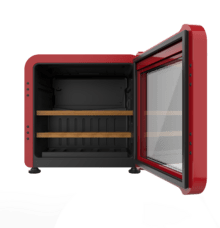Bolero GrandSommelier Origin 13 Red Vinoteca de color rojo y diseño retro, capacidad para 13 botellas, baldas de madera, temperatura ajustable de 6ºC a 18ºC, puerta cristal templado, iluminación interior LED, Compresor integrado, display LED de control, dimensiones de Alto 49.5 x Ancho 49.5 x Fondo 45 cm