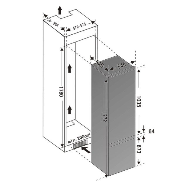 Frigorífico combi integrable puerta fija, 177x54cm, 232 Litros, Metal Cooling, Cavidad Interior gris prémium, Clase E, Clase Energética E, Fast Cooling, Fast Freezing y modo Vacaciones