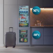 Bolero CoolMarket Combi BI-D MC 232 GREY E Réfrigérateur-congélateur encastrable à porte fixe, 177x54cm, 232 litres, Metal Cooling, intérieur gris premium, classe énergétique E, Fast Cooling, Fast Freezing et mode Vacances.