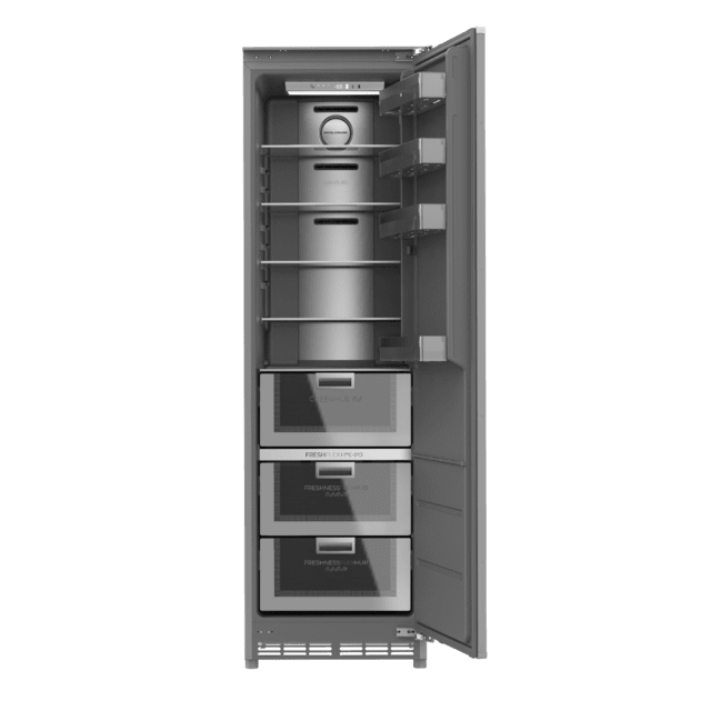 Bolero CoolMarket 1D BI-D 306 GREY E Frigorífico de 1 porta integrável com porta fixa, 187x55,9cm, 222 litros, Metal Cooling, interior cinzento Premium, Fast Freezing, modo de férias e classe energética E,