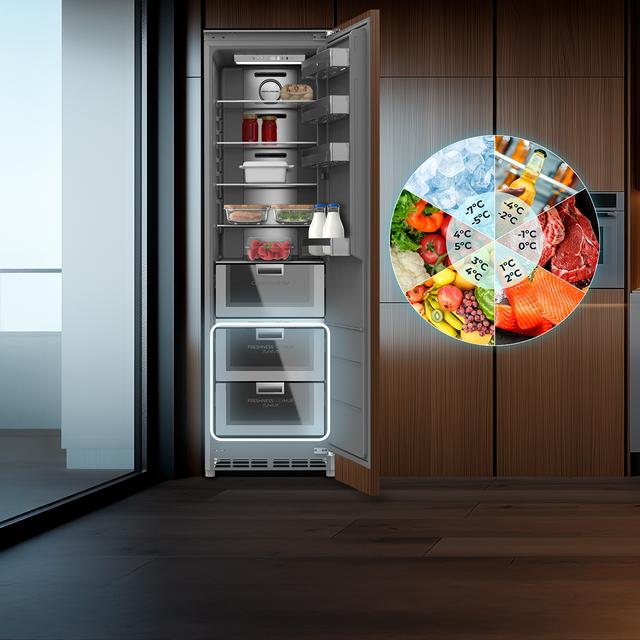 Bolero CoolMarket 1D BI-D 306 GREY E Frigorífico de 1 porta integrável com porta fixa, 187x55,9cm, 222 litros, Metal Cooling, interior cinzento Premium, Fast Freezing, modo de férias e classe energética E,