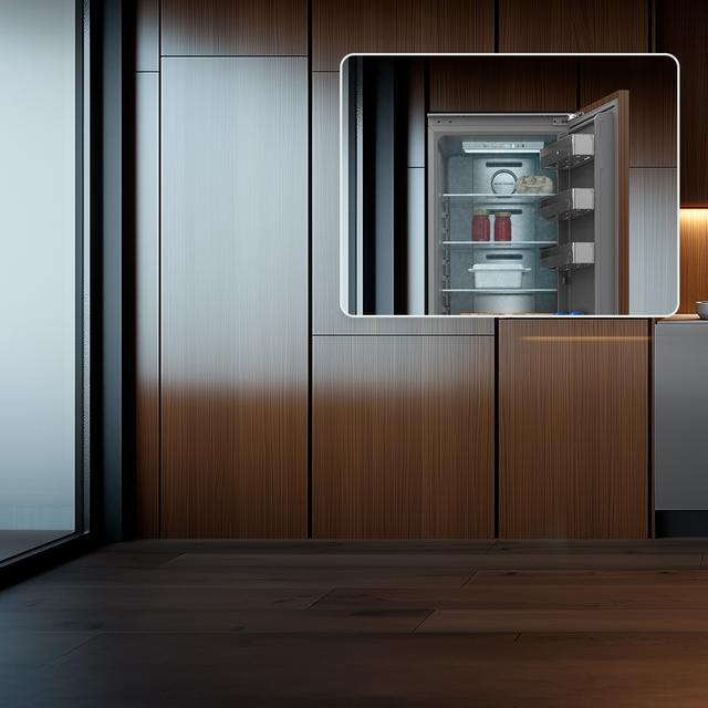 Bolero CoolMarket 1D BI-D 306 GREY E Frigorífico de 1 porta integrável com porta fixa, 187x55,9cm, 222 litros, Metal Cooling, interior cinzento Premium, Fast Freezing, modo de férias e classe energética E,