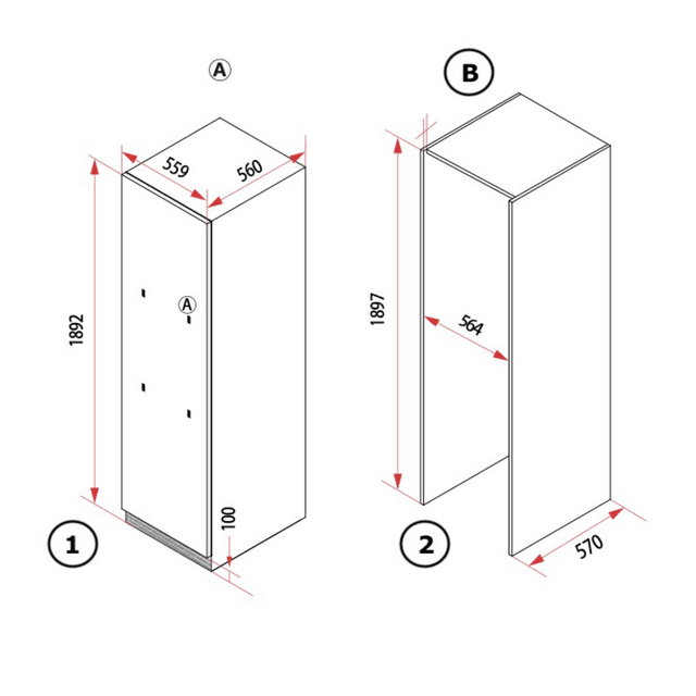 Bolero CoolMarket 1D BI-D 306 GREY E Frigorífico de 1 porta integrável com porta fixa, 187x55,9cm, 222 litros, Metal Cooling, interior cinzento Premium, Fast Freezing, modo de férias e classe energética E,