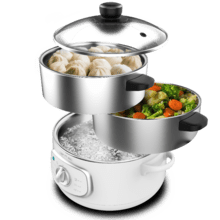 Vapovita SteelPot White 1300 W elektrischer Dampfgarer mit 3 Edelstahlbehältern und einem Gesamtvolumen von 10 L.