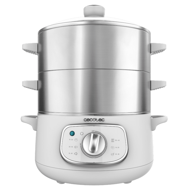 Vapovita SteelPot White Vaporera eléctrica de 1300 W, con 3 recipientes de acero inoxidable y 10 L de capacidad total.