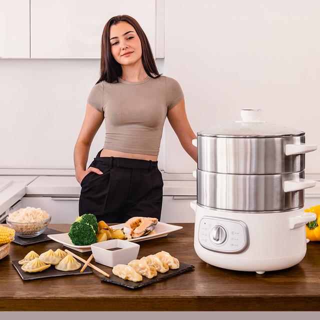 Vapovita SteelPot White Cuit-vapeur électrique de 1300 W avec 3 récipients en acier inoxydable d'une capacité totale de 10 L.