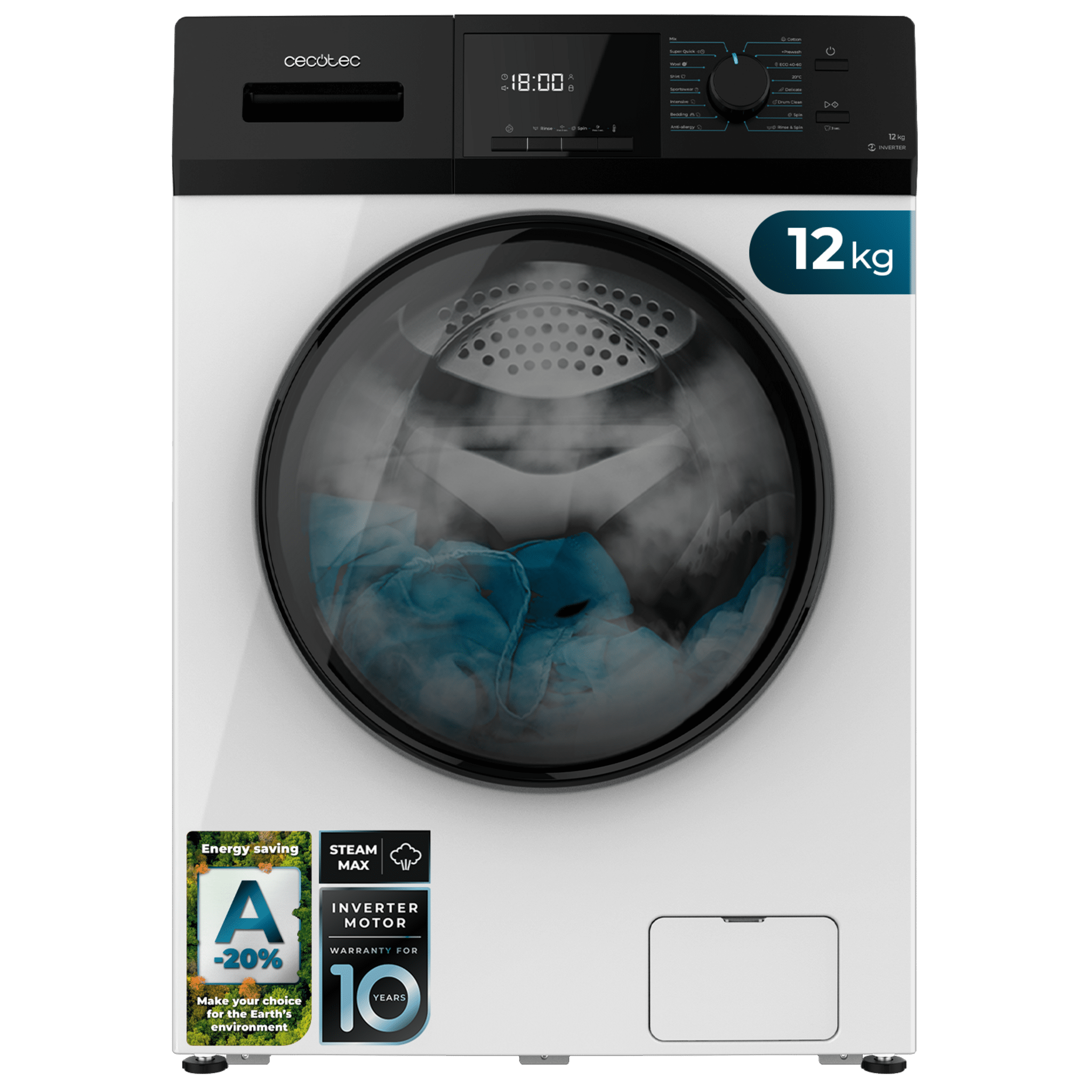 Bolero Dresscode 12410 Inverter Lave-linge à chargement frontal avec 12 kg de capacité, 1400 tr/min, 16 programmes, classe A, moteur Inverter Plus, SteamMax, Drum Clean et Allergy Care.