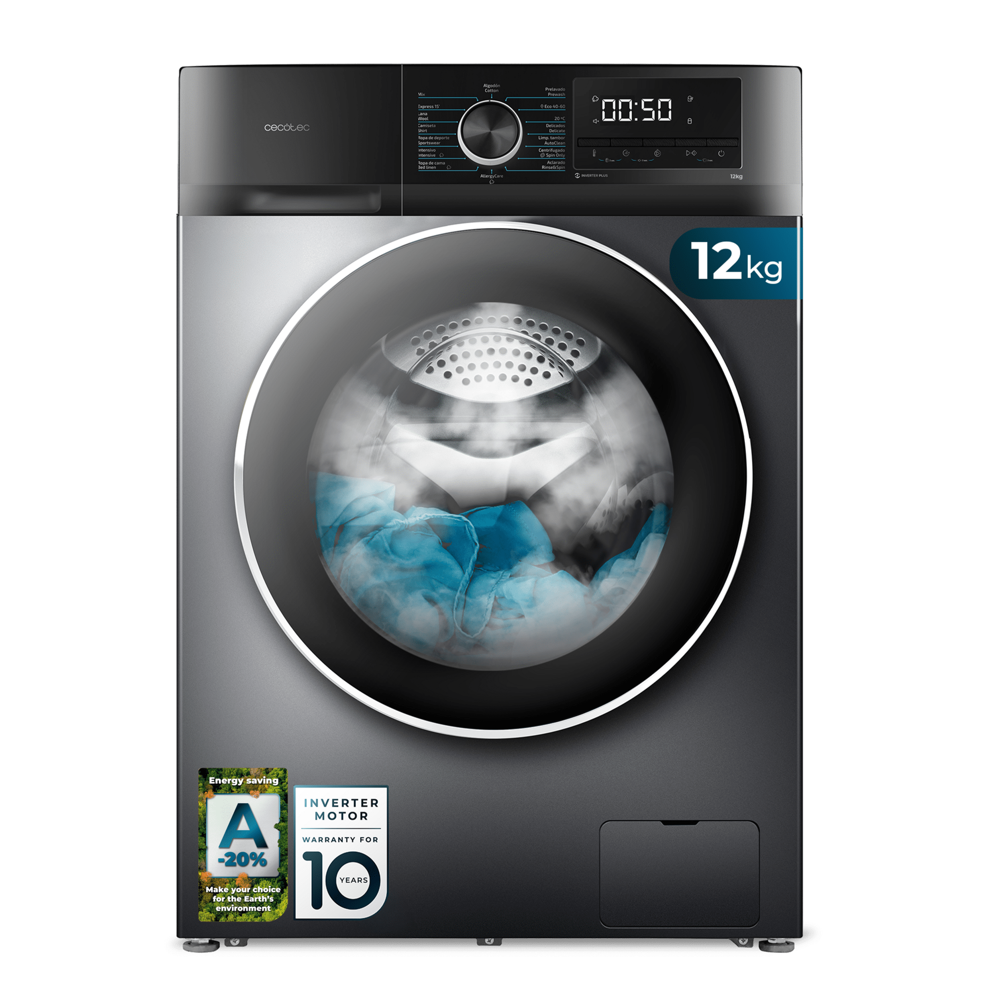 Bolero DressCode 12500 Inverter Steel Lavadora de 12 Kg steel, 1400 rpm, motor inverter plus, Steam Max y Clase A-20  %.