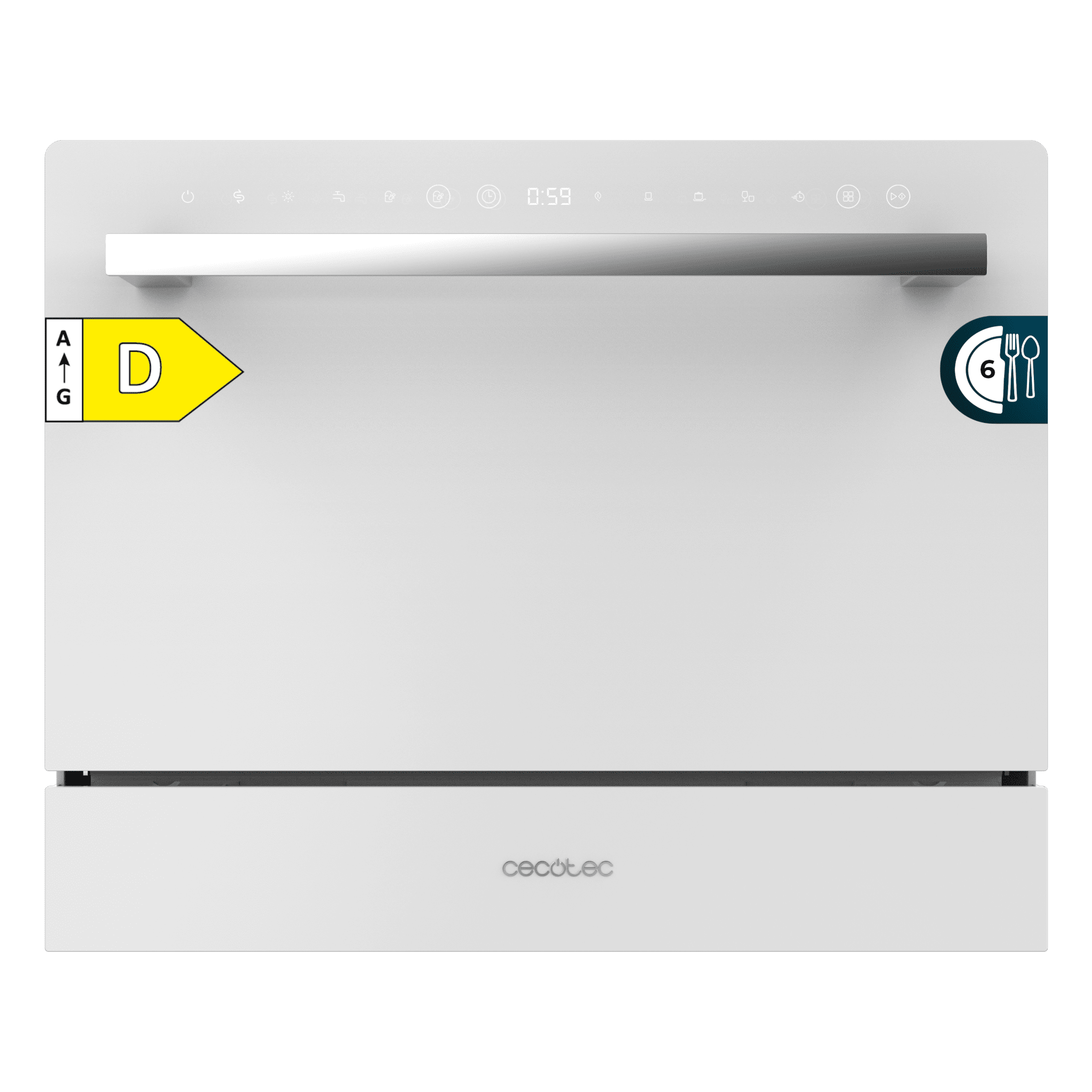 Bolero Aguazero 2400 White Glass Máquina de lavar louça compacta de 6 conjuntos de loiça com acabamento em vidro branco, com classe energética D, 5 programas, Touch Control Panel, funções Delay Start e Child Lock e cesto para talheres.