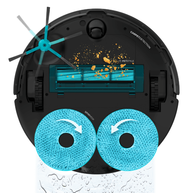 Conga 13090 Spin Revolution Home&Wash Roboterstaubsauger mit 7000-Pa-Saugmotor. Er verfügt über Lasertechnologie. Silikonbürste. Mopps schleudern. Seitenbürste. App sowie Bluetooth- und WLAN-Verbindung für 2,4-GHz- und 5-GHz-Netzwerke.