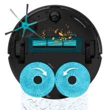 Conga 13090 Spin Revolution Home&Wash Robot aspirador con Motor de succión 7000 Pa. Base 4 en 1. Cuenta con tecnología láser.  Incluye 2 cepillos centrales intercambiables: uno mixto y uno de silicona, óptimo para pelo de mascotas. Mopas giratorias. Cepillo lateral. App y conexión Bluetooth y WiFi para redes 2,4 GHz y 5 GHz.