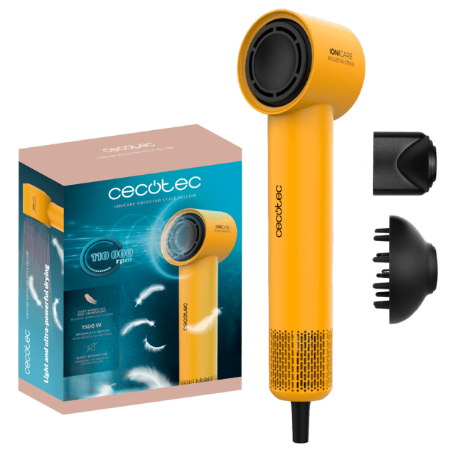 IoniCare RockStar Style Jaune Sèche-linge très compact et léger avec moteur brushless de 1500 W et 110 000 tr/min.