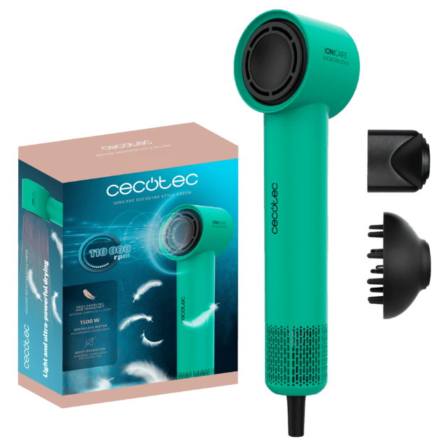 IoniCare RockStar Style Green Sèche-linge très compact et léger avec moteur brushless de 1500 W et 110 000 tr/min.