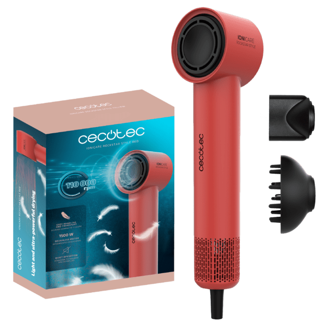 IoniCare RockStar Style Red Sèche-linge très compact et léger avec moteur brushless de 1500 W et 110 000 tr/min.