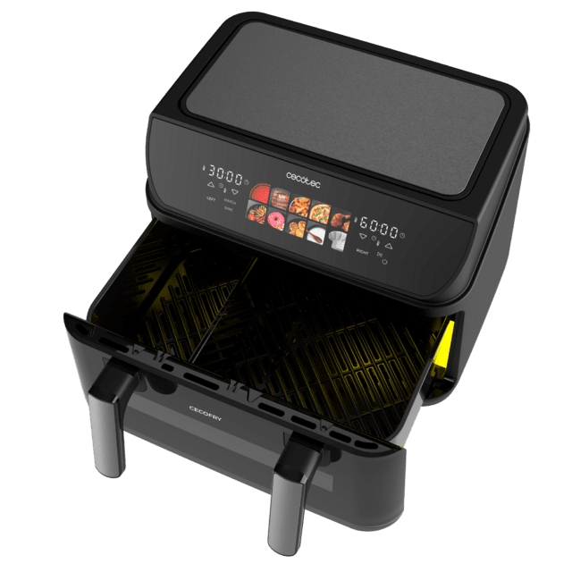 Cecofry&Grill Duoheat 10000 Freidora de aire con doble resistencia para dorado perfecto y sabor de parrilla en carnes, capacidad de 10 litros, potencia de 2800 W para platos saludables y pared divisoria móvil para optar entre dos cestillos con temperatura dual o convertirse en una sola cubeta.