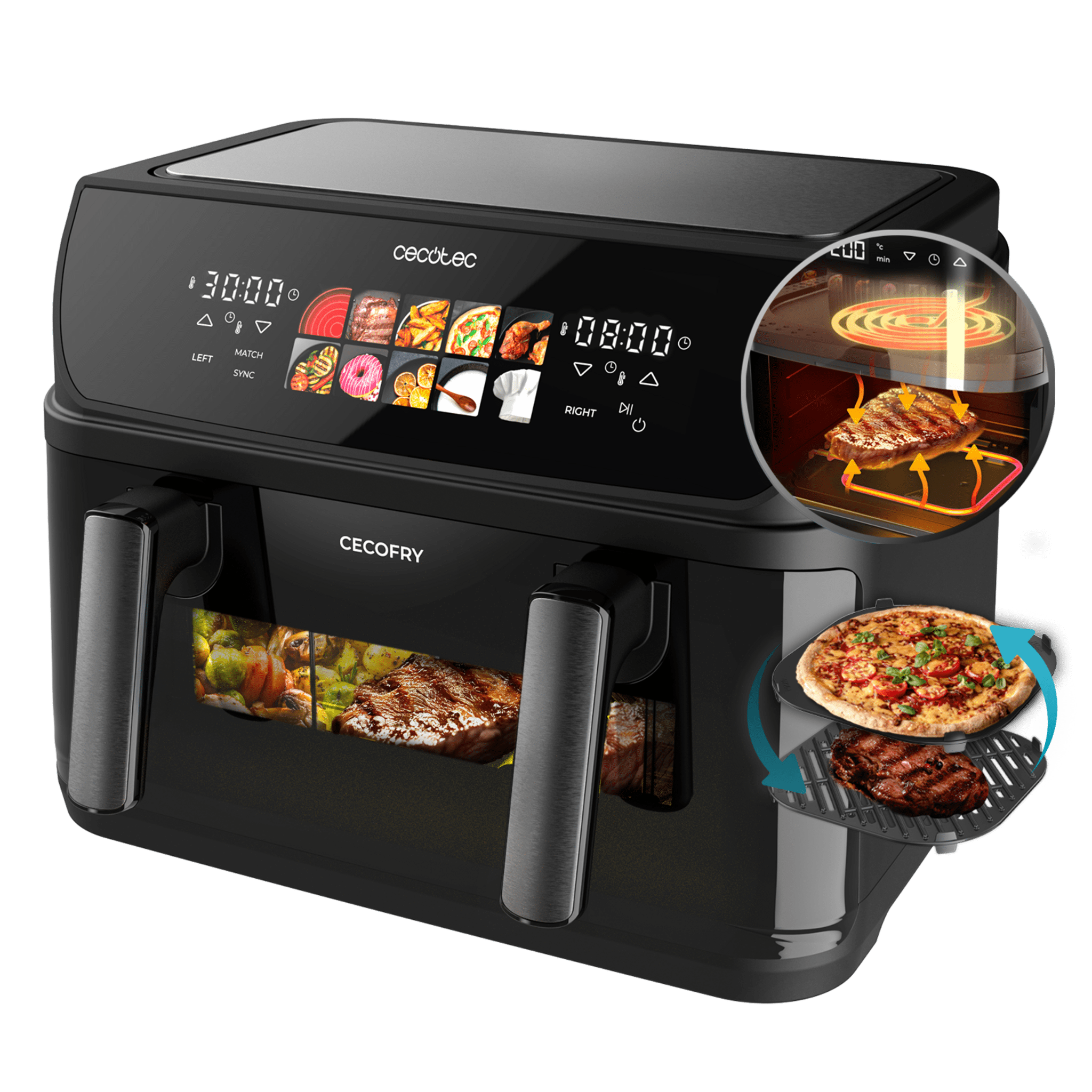 Cecofry&Grill Duoheat 10000 Freidora de aire con doble resistencia para dorado perfecto y sabor de parrilla en carnes, capacidad de 10 litros, potencia de 2800 W para platos saludables y pared divisoria móvil para optar entre dos cestillos con temperatura dual o convertirse en una sola cubeta.