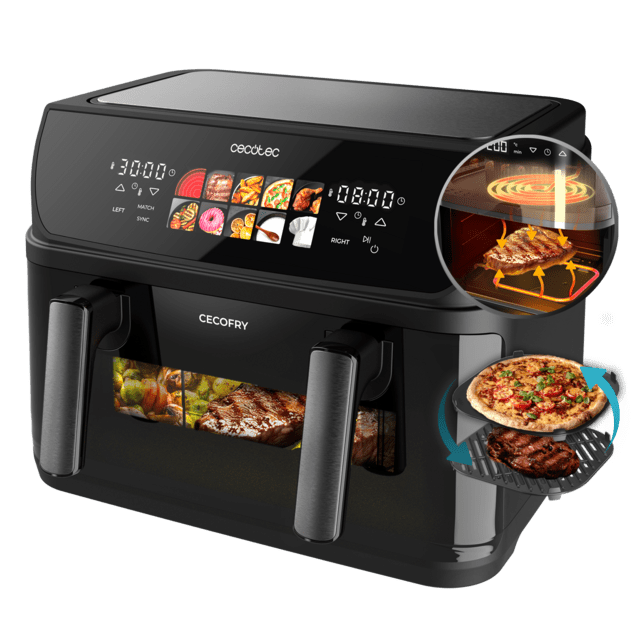 Cecofry&Grill Duoheat 10000 Freidora de aire con doble resistencia para dorado perfecto y sabor de parrilla en carnes, capacidad de 10 litros, potencia de 2800 W para platos saludables y pared divisoria móvil para optar entre dos cestillos con temperatura dual o convertirse en una sola cubeta.