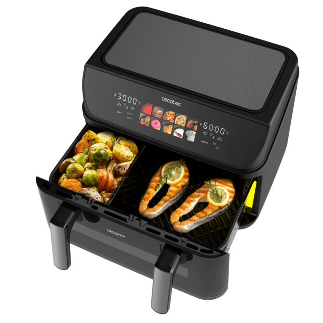 Cecofry&Grill Duoheat 10000 Freidora de aire con doble resistencia para dorado perfecto y sabor de parrilla en carnes, capacidad de 10 litros, potencia de 2800 W para platos saludables y pared divisoria móvil para optar entre dos cestillos con temperatura dual o convertirse en una sola cubeta.