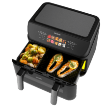 Cecofry&Grill Duoheat 10000 Friggitrice ad aria con doppia resistenza per una doratura perfetta e un sapore di carne alla griglia, capacità di 10 litri, potenza di 2800 W per piatti salutari e parete divisoria mobile per scegliere tra due cestelli a doppia temperatura o convertirsi in un'unico cestello.