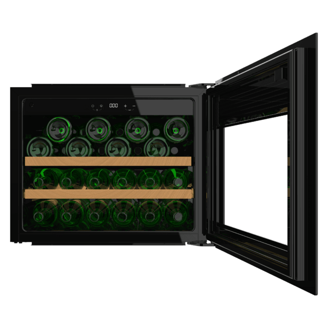 Bolero GrandSommelier BI 28000 Touch Black Compressor Vinoteca completamente integrable con cristal negro, Apertura táctil mediante sensor, Zona temperatura 5ºC a 20ºC, Capacidad 28 Botellas, Dimensiones 45x60cm, Iluminación LED interior, Compresor integrado, Display LED Interior, Funcionamiento silencioso, 2 Estantes madera