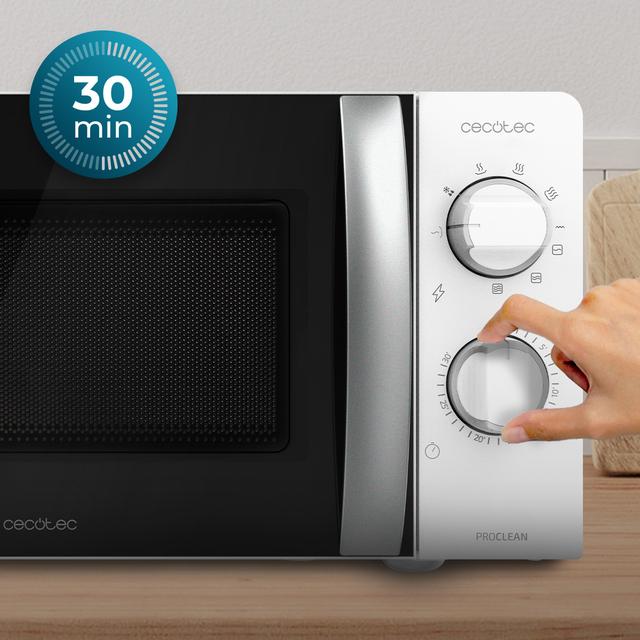 Micro-ondes GrandHeat 2110 d'une capacité de 20 litres, avec fonction grill, 6 niveaux de puissance, minuterie et commandes rotatives mécaniques.