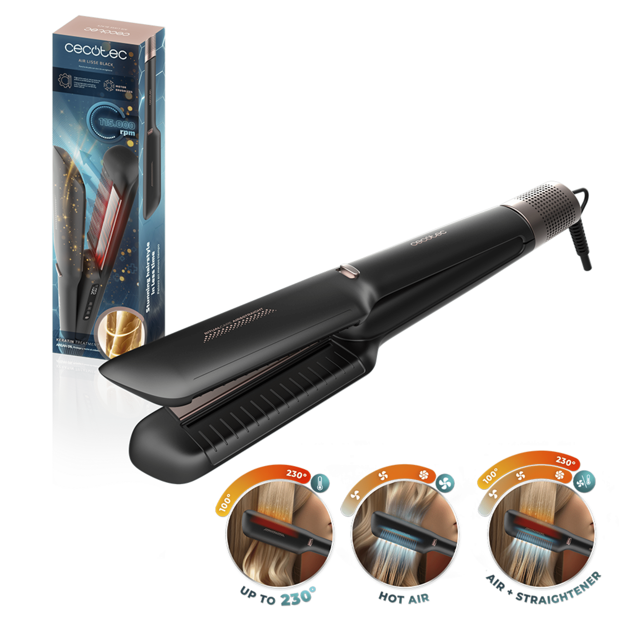 Air Lisse Black - Plancha de Pelo con Aire que protege el cabello, Tecnología Iónica, Keratina y aceite de Argán, 3 Modos y Motor BLDC, para Todo Tipo de Cabellos