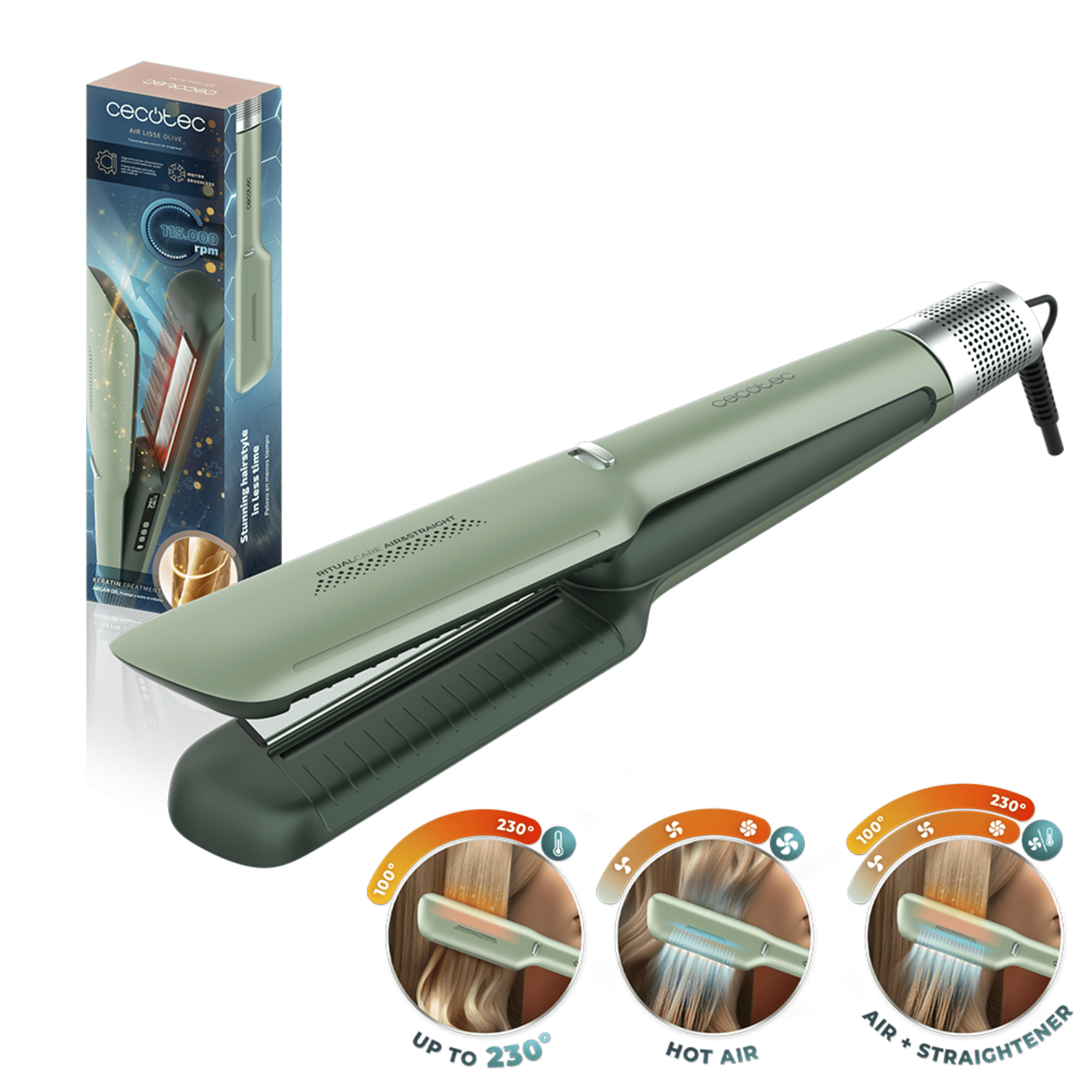 Air Lisse Olive Haarglätter mit haarschonender Luft, Ionen-Technologie, Keratin und Arganöl, 3 Modi und BLDC-Motor, für alle Haartypen